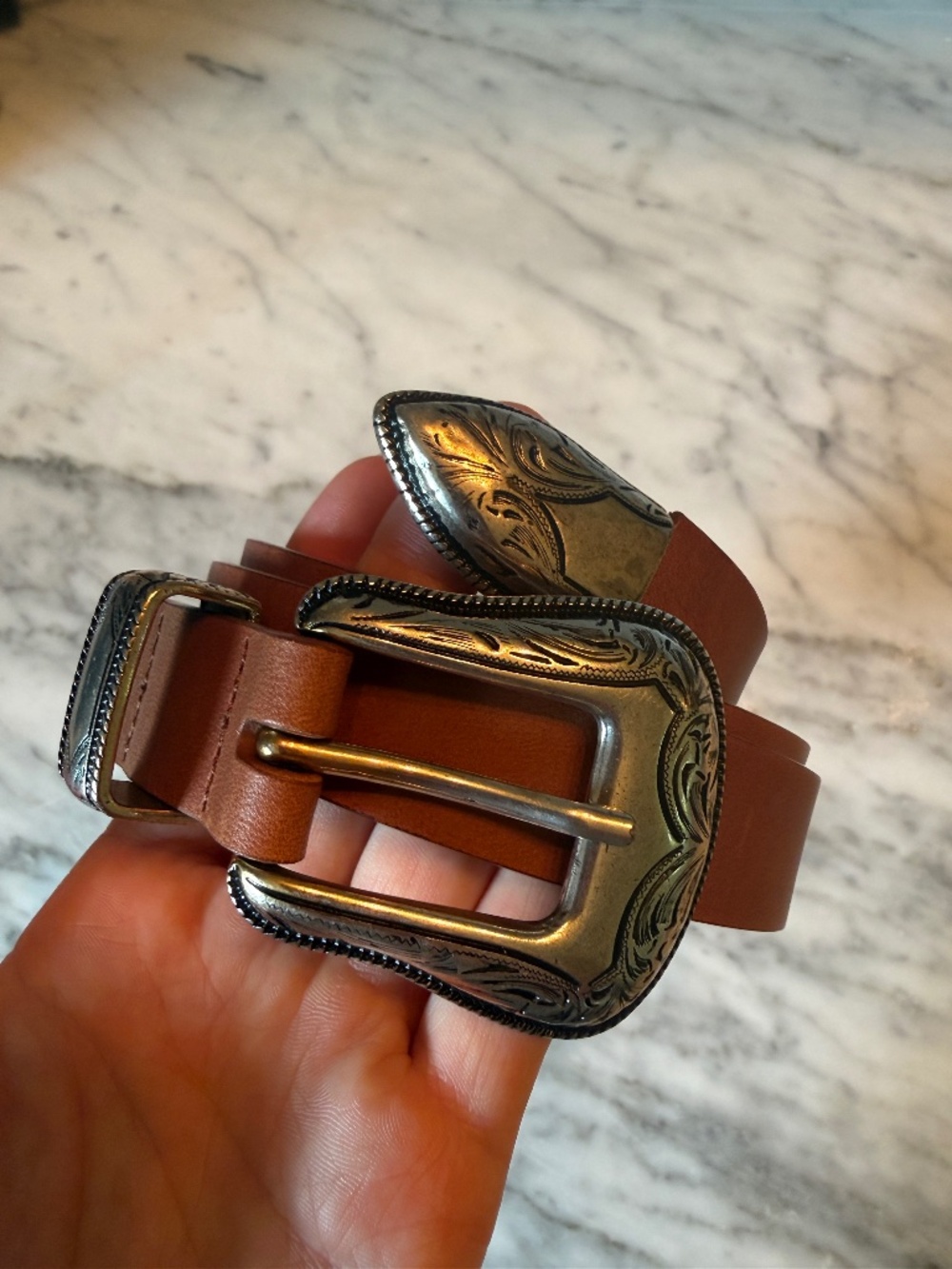 Aritzia Wilfred Free Cognac Leather Western Belt Silver Engraved Buckle - Size S